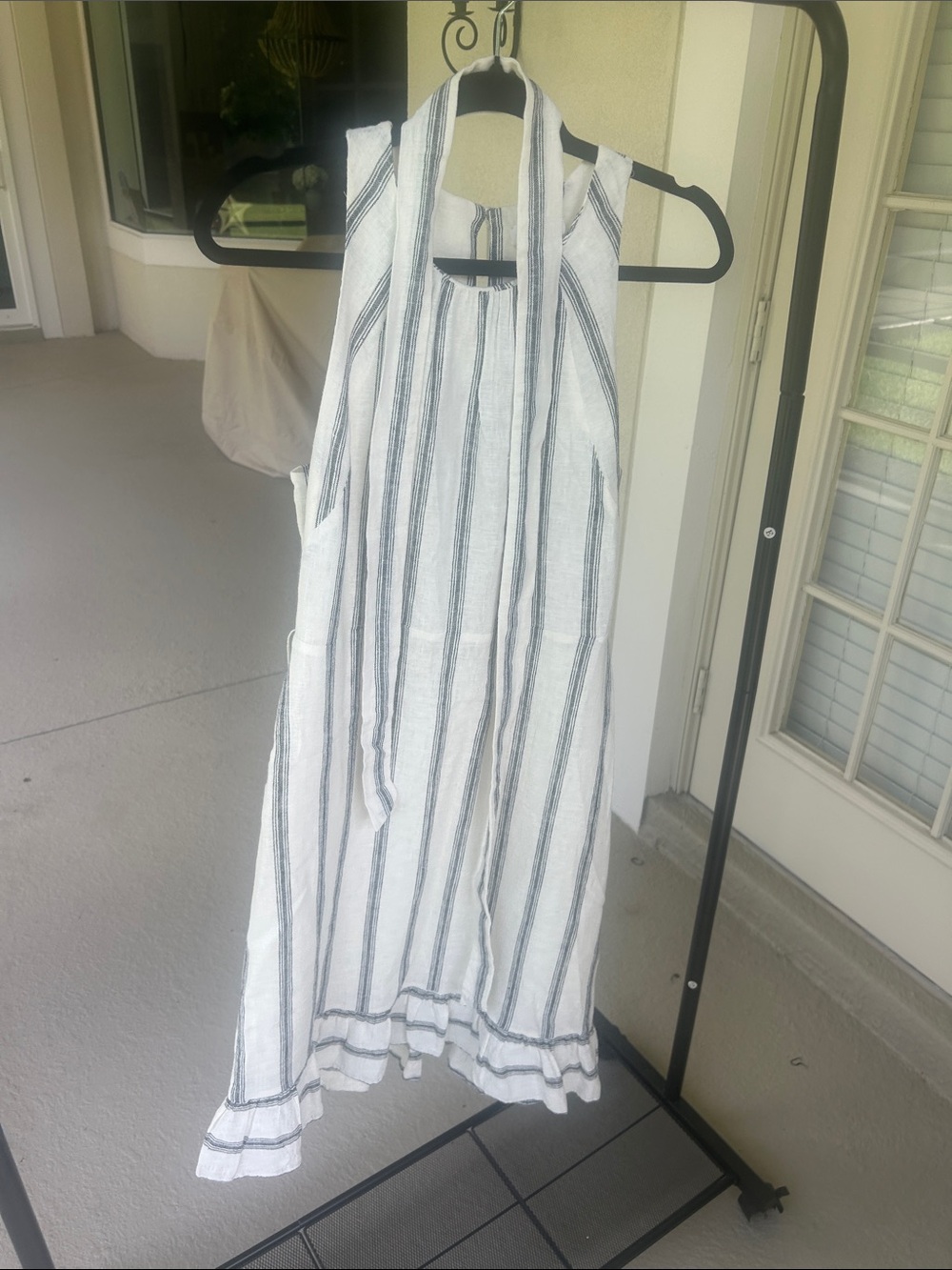 White and Black Striped Sundress with Tie Neck